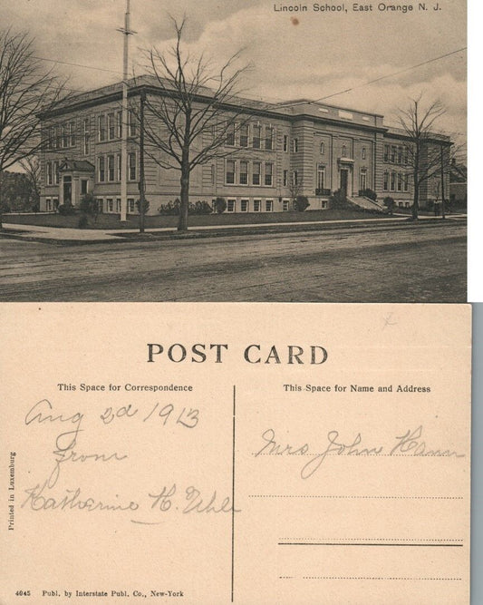 EAST ORANGE N.J. LINCOLN SCHOOL 1913 ANTIQUE POSTCARD