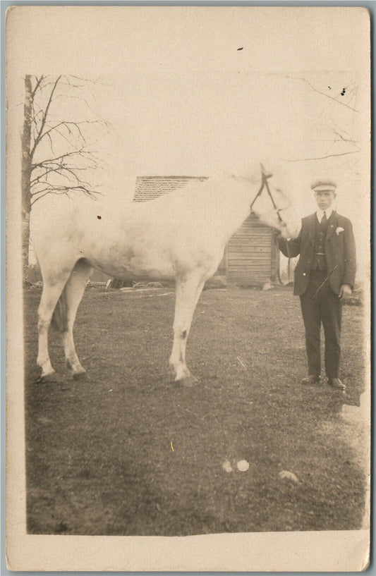 YOUNG MAN w/ HORSE ANTIQUE REAL PHOTO POSTCARD RPPC