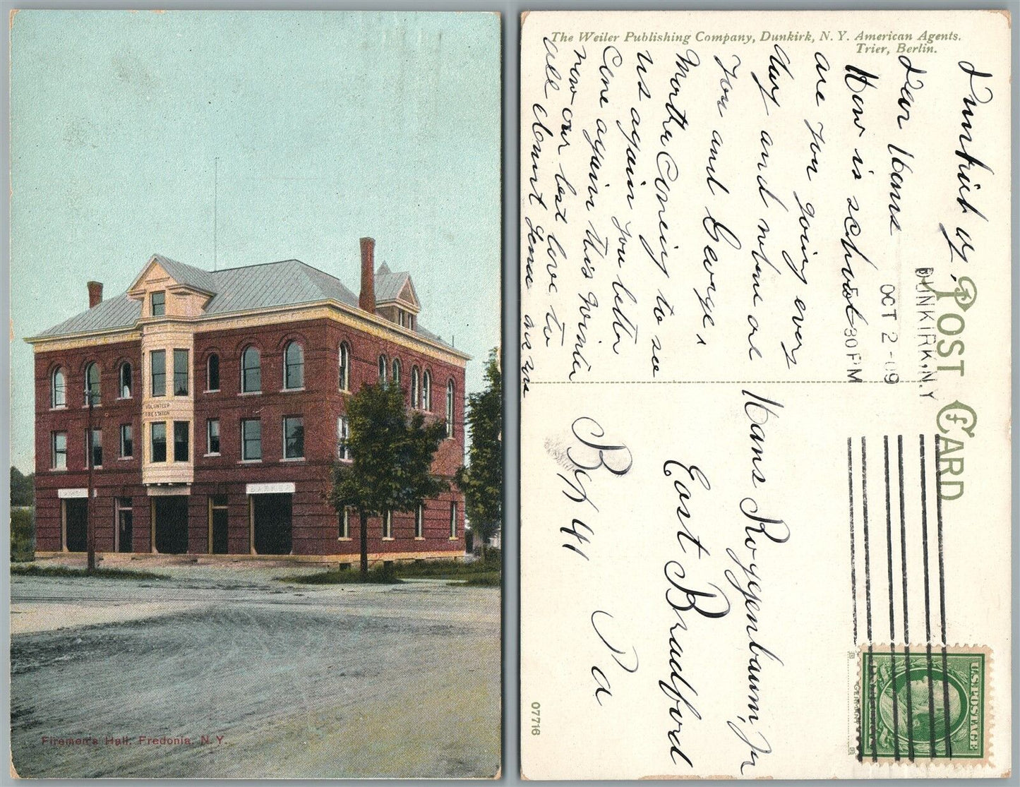 FREDONIA N.Y. FIREMEN'S HALL 1909 ANTIQUE POSTCARD