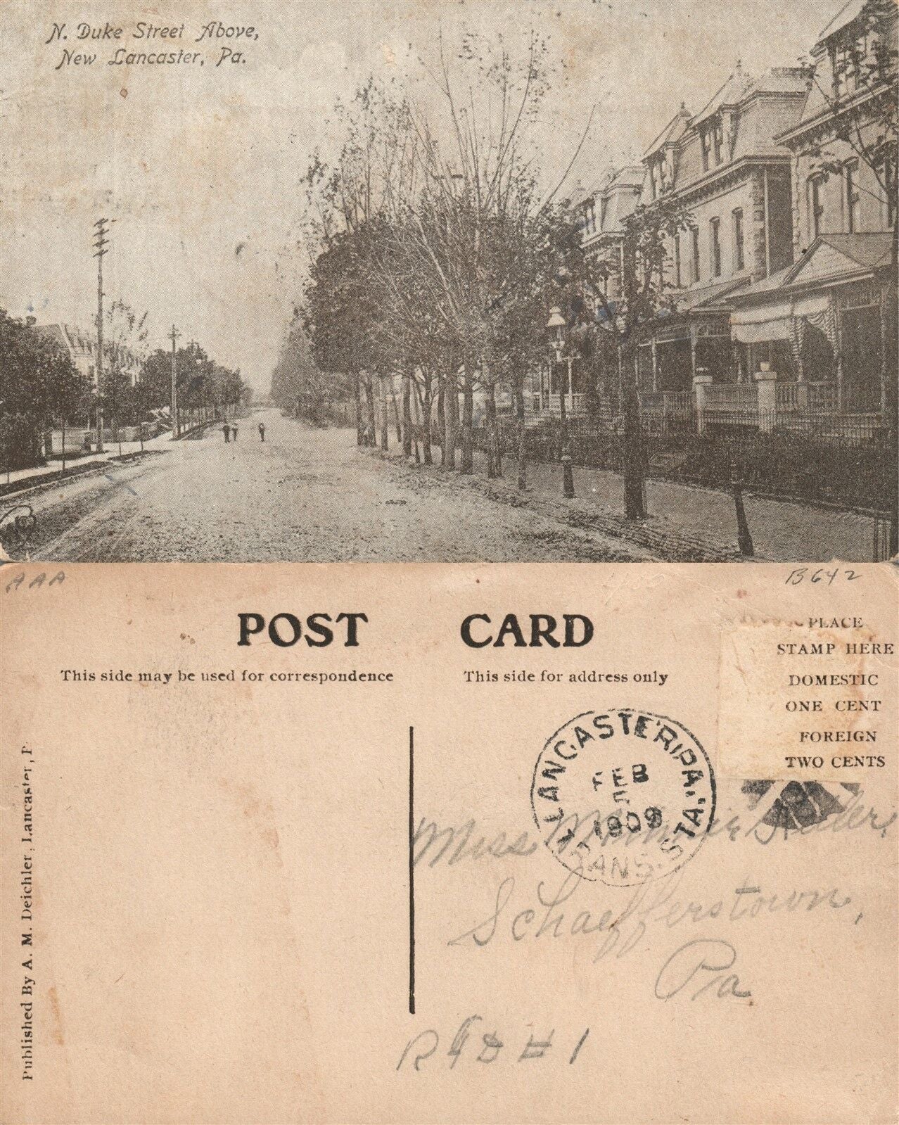 NEW LANCASTER PA N.DUKE STREET 1909 ANTIQUE POSTCARD w/ CORK CANCEL