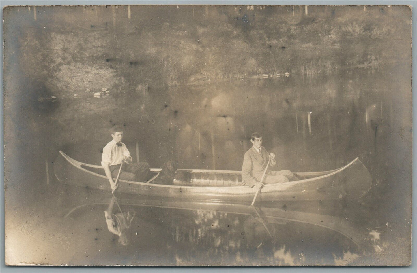 TWO MEN with DOG in CANOE ANTIQUE REAL PHOTO POSTCARD RPPC