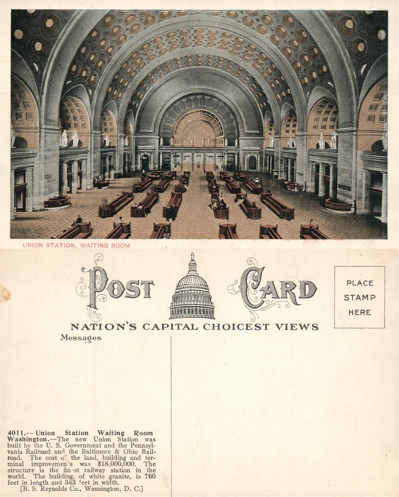 WASHINGTON DC UNION RAILWAY STATION ANTIQUE POSTCARD RAILROAD DEPOT WAITING ROOM