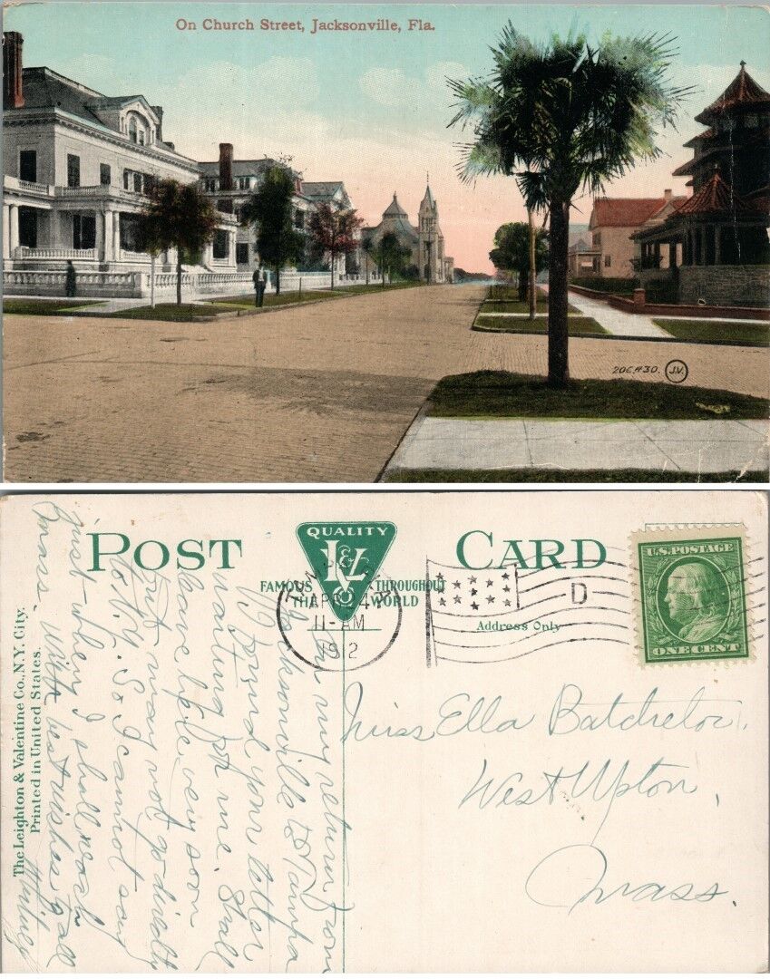 CHURCH STREET JACKSONVILLE FL ANTIQUE 1912 POSTCARD