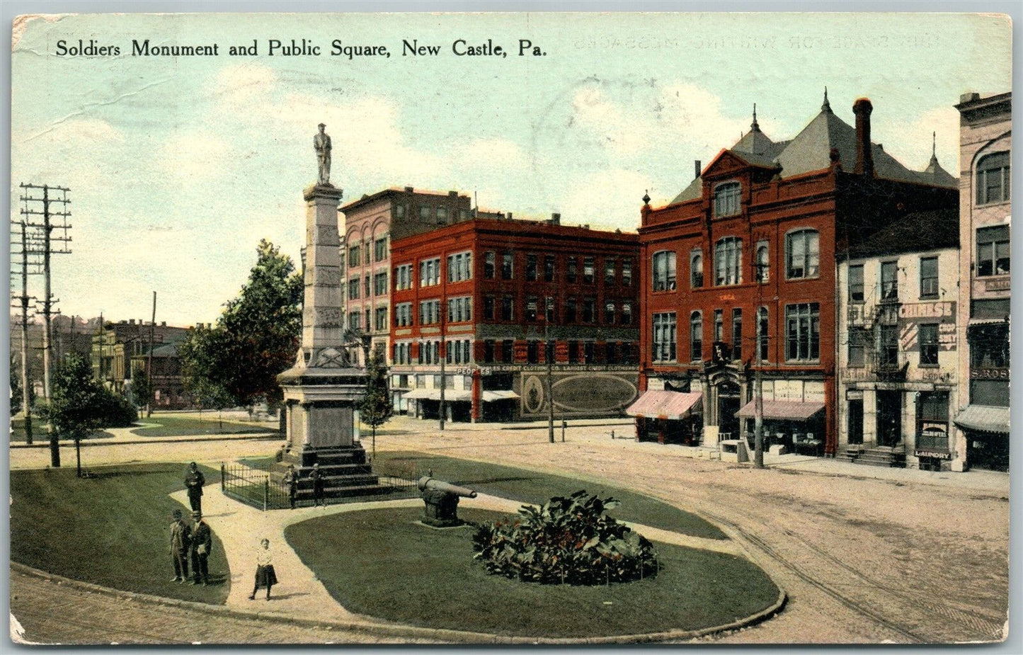 NEW CASTLE PA SOLDIER'S MONUMENT & PUBLIC SQUARE 1910 ANTIQUE POSTCARD