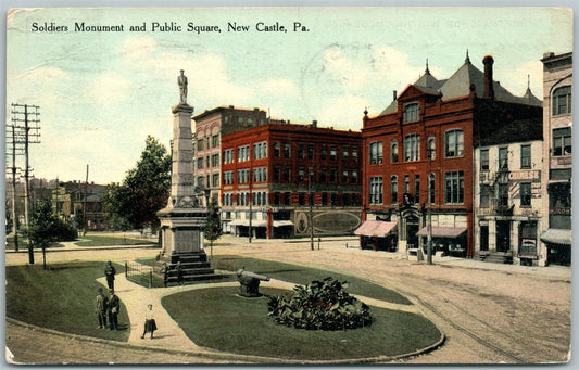 NEW CASTLE PA SOLDIER'S MONUMENT & PUBLIC SQUARE 1910 ANTIQUE POSTCARD