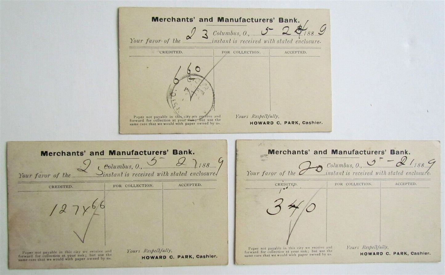 1889 LOT of 3 COLUMBUS OHIO MERCHANT BANK ANTIQUE STATEMENT CARDS POSTCARDS