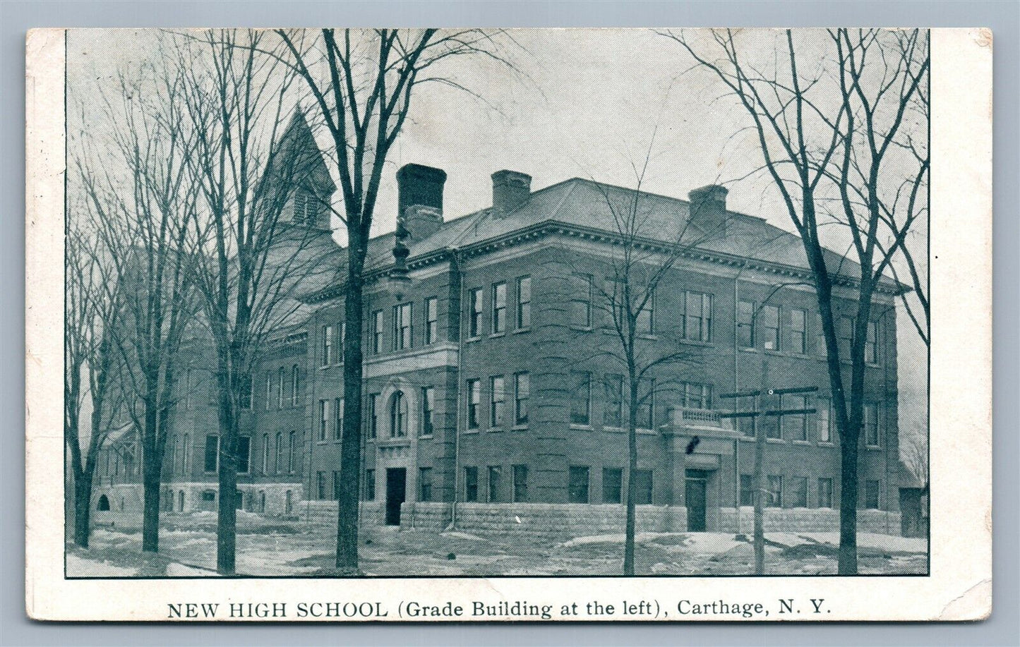 CARTHAGE NY NEW HIGH SCHOOL ANTIQUE POSTCARD w/ CORK CANCEL