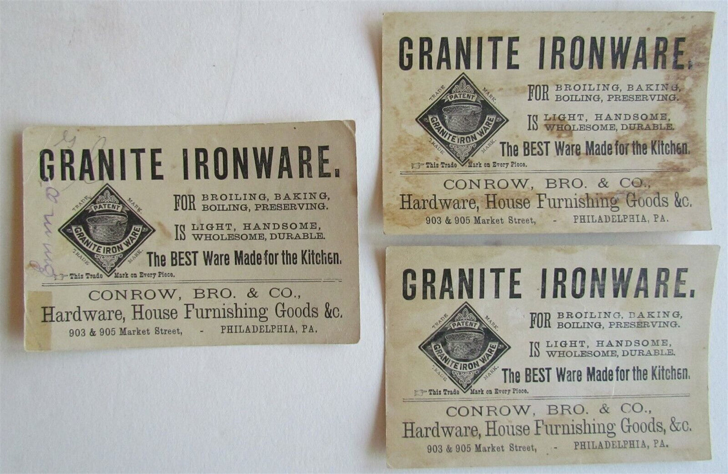 PHILADELPHIA PA GRANITE IRONWARE 3 ANTIQUE VICTORIAN TRADE CARDS SET