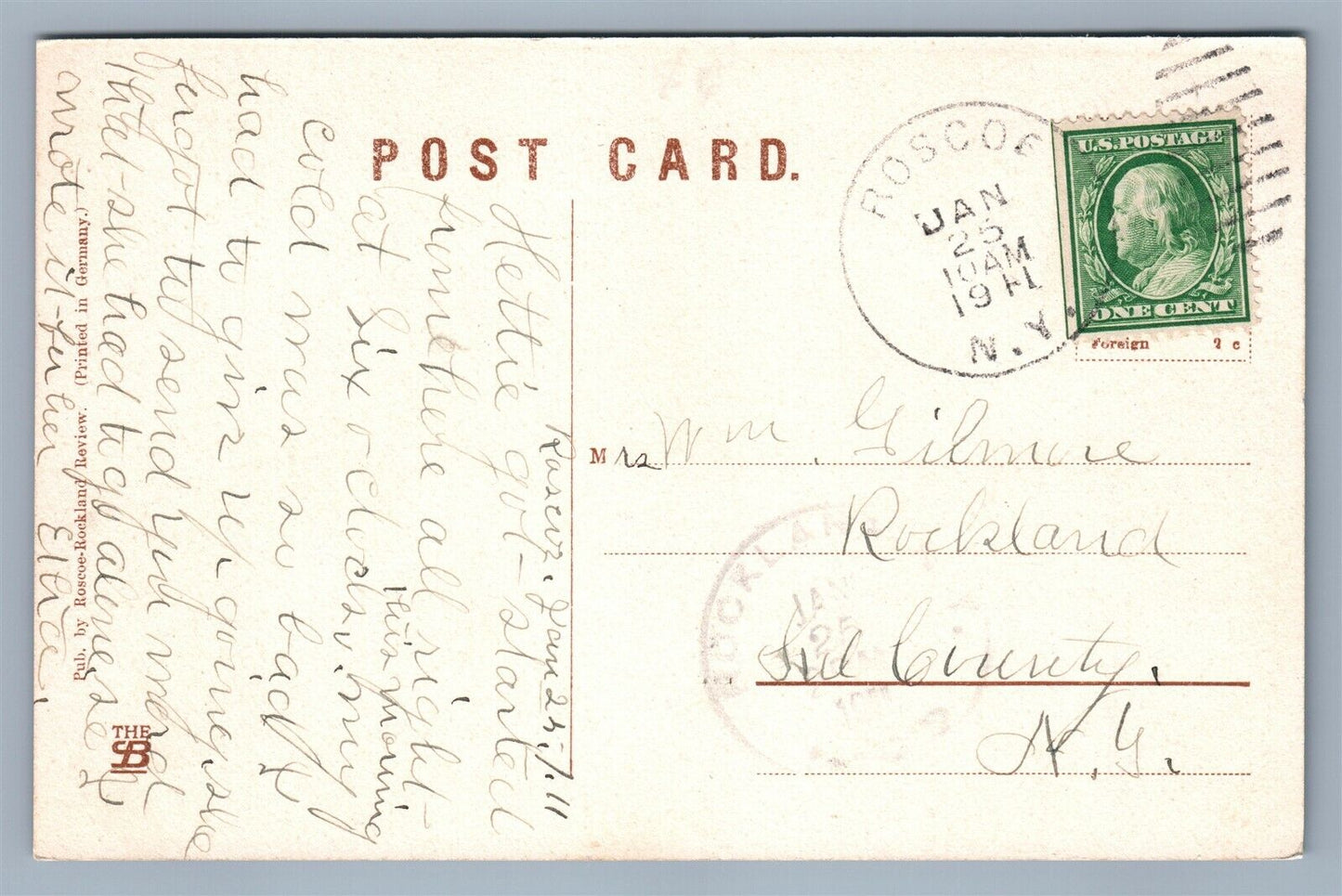 ROSCOE NY PUBLIC SCHOOL 1911 ANTIQUE POSTCARD