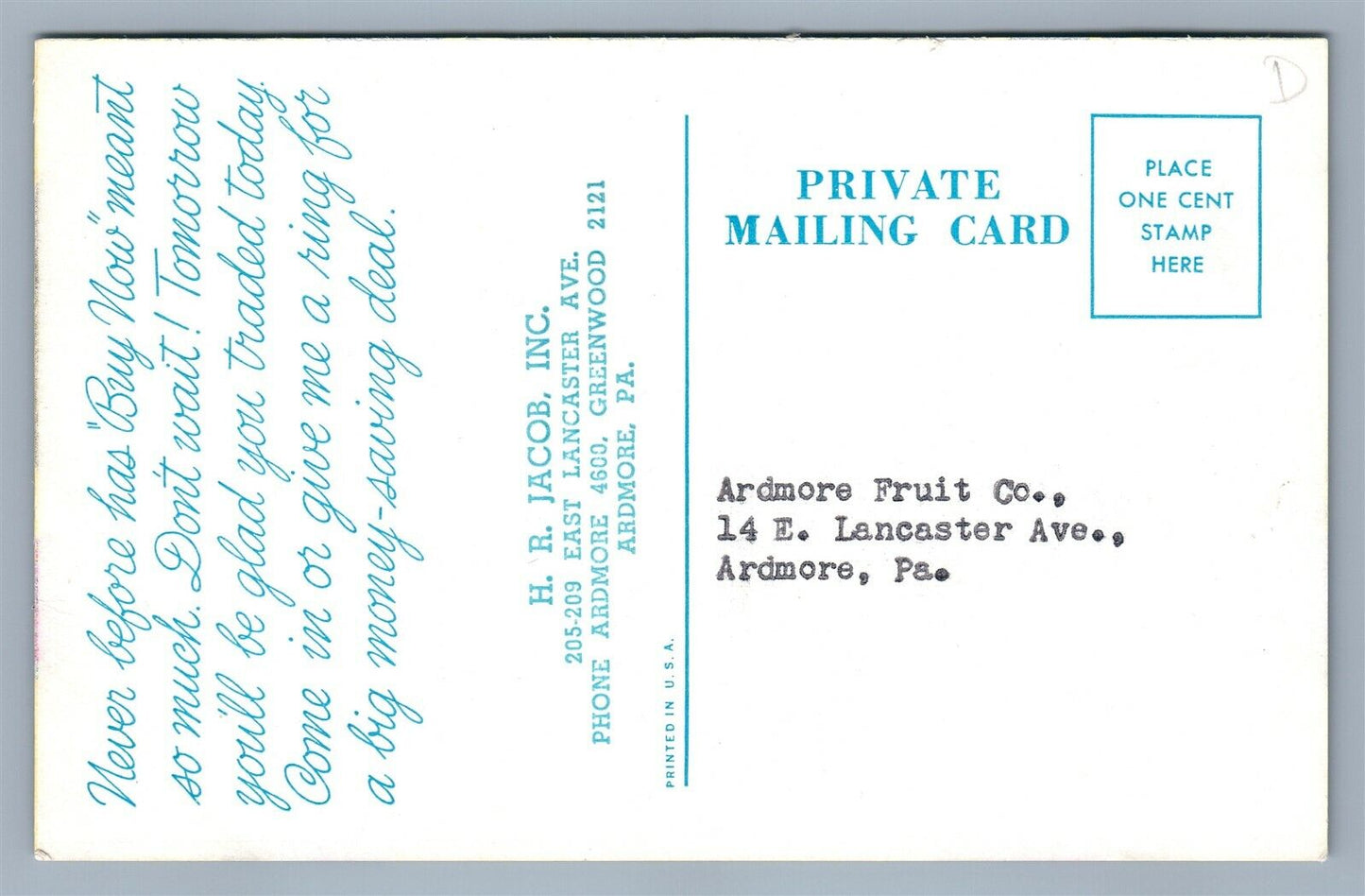 FORD TRUCK ADVERTISING CAR AUTO ARDMORE PA VINTAGE PRIVATE MAILING POSTCARD