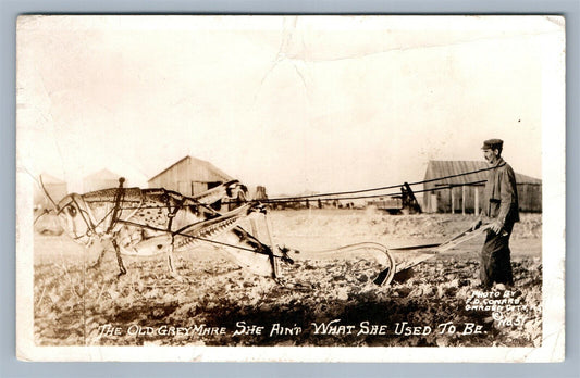 GRASSHOPER DRAWN PLOUGH EXAGGERATED FARMING ANTIQUE REAL PHOTO POSTCARD RPPC