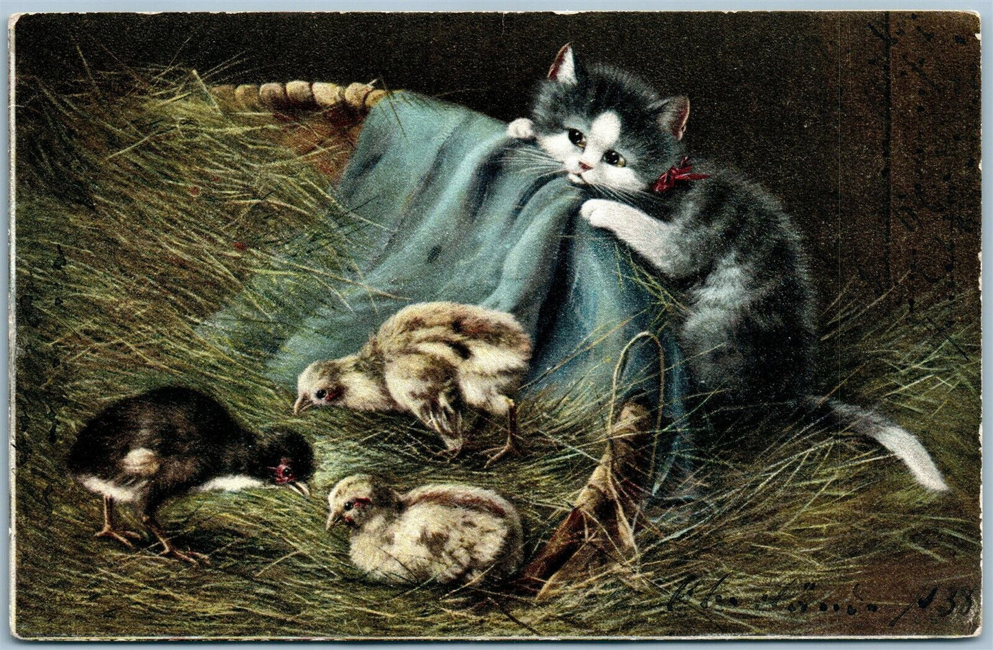 CAT & BABY BIRDS ANTIQUE POSTCARD