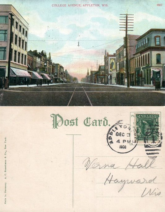 APPLETON WIS. COLLEGE AVENUE 1908 ANTIQUE POSTCARD w/ CORK CANCEL