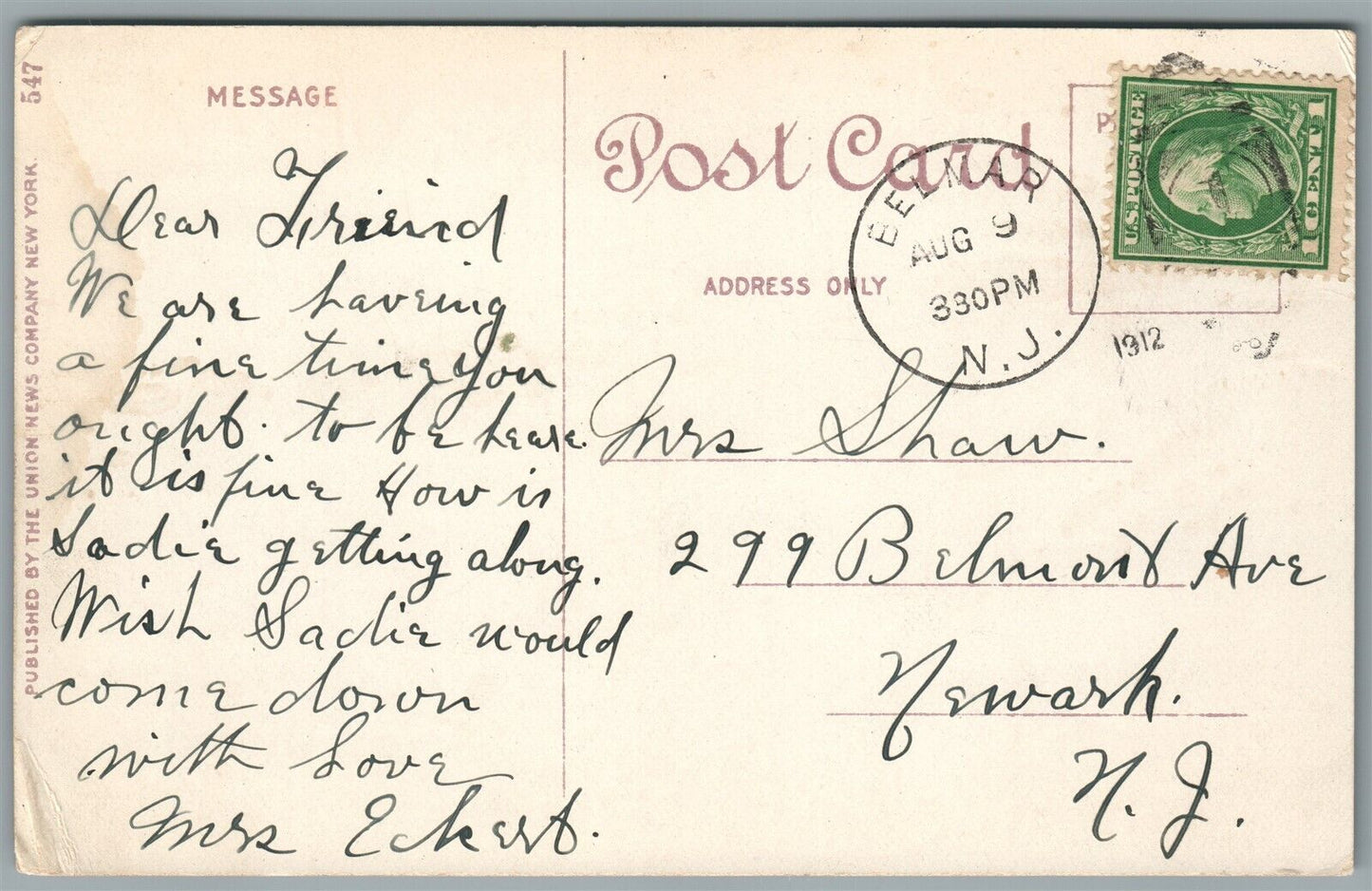 BELMAR NJ ST. ROSE CATHOLIC CHURCH ANTIQUE POSTCARD