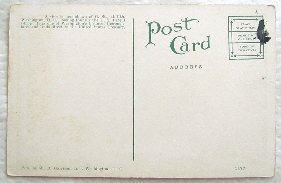 G STREET N.W. at 11th U.S. POST OFFICE WASHINGTON D.C. ANTIQUE POSTCARD