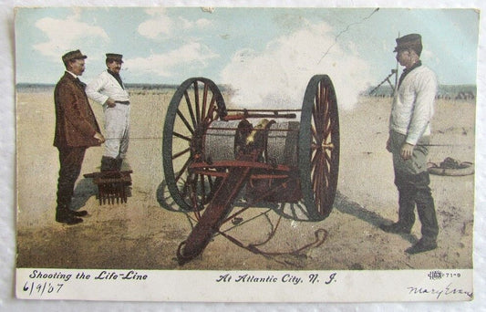 SHOOTING THE LIFE LINE AT ATLANTIC CITY N.J. 1907 ANTIQUE POSTCARD
