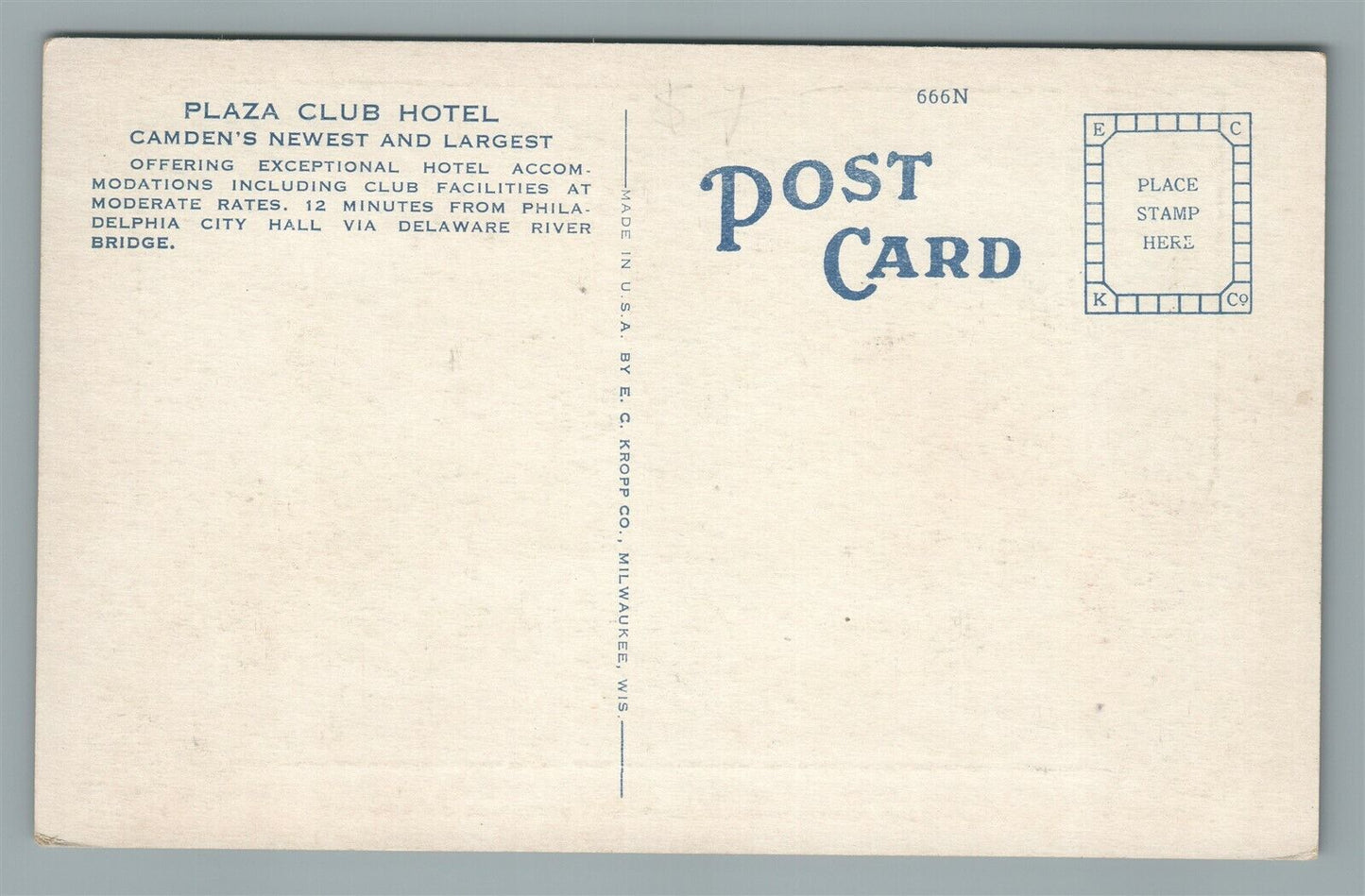 CAMDEN NJ PLAZA CLUB HOTEL ANTIQUE POSTCARD