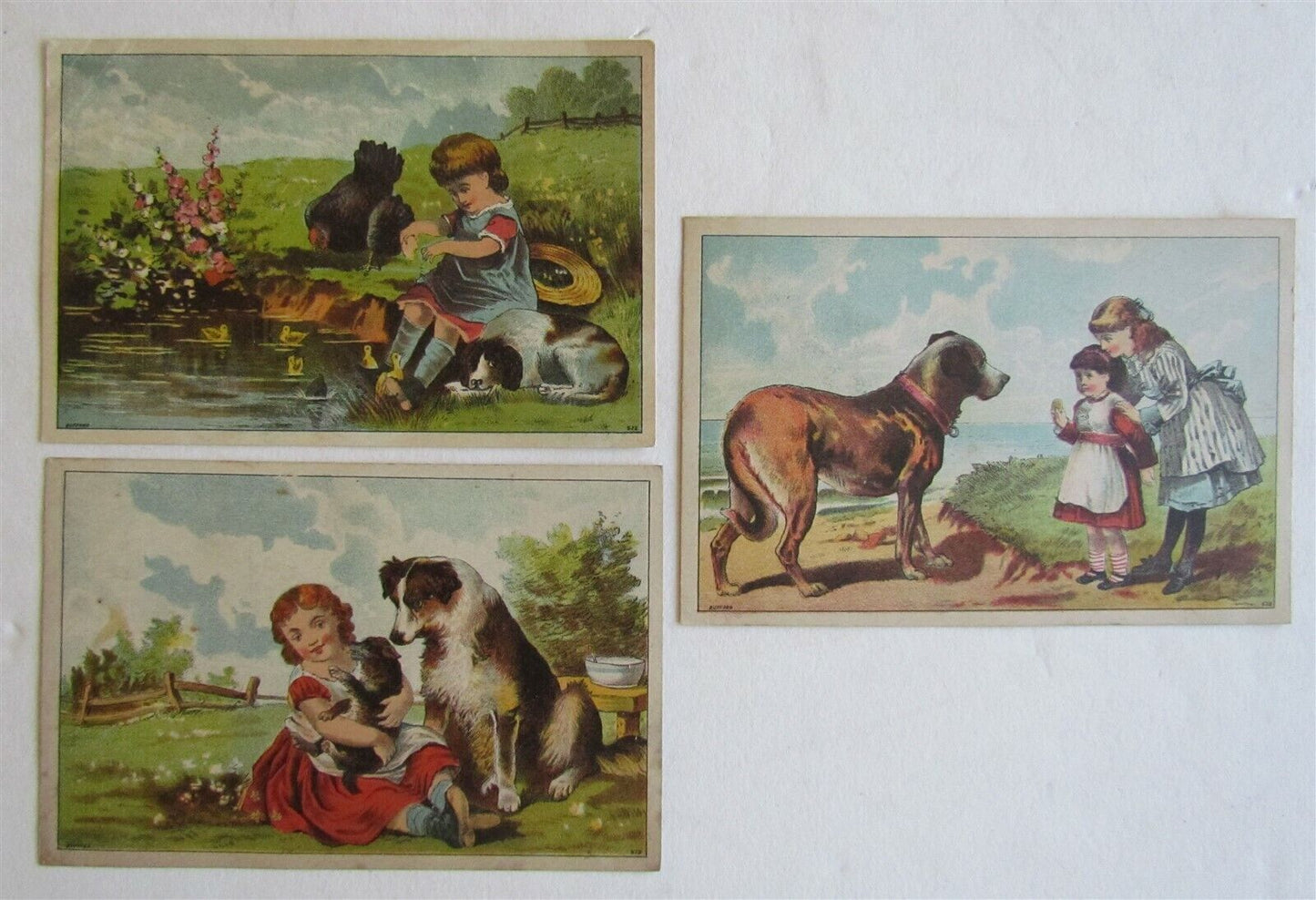 LITTLE GIRLS w/ DOGS SET OF 3 ANTIQUE VICTORIAN TRADE CARDS