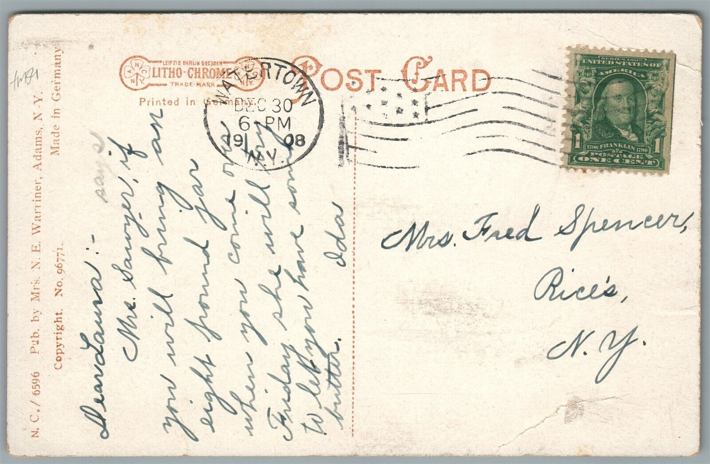ADAMS NY RAILROAD STREET ANTIQUE POSTCARD