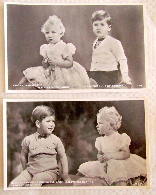 2 VINTAGE RPPC PHOTO POSTCARDS BRITISH ROYAL PRINCESS ANNE & DUKE OF CORNWALL