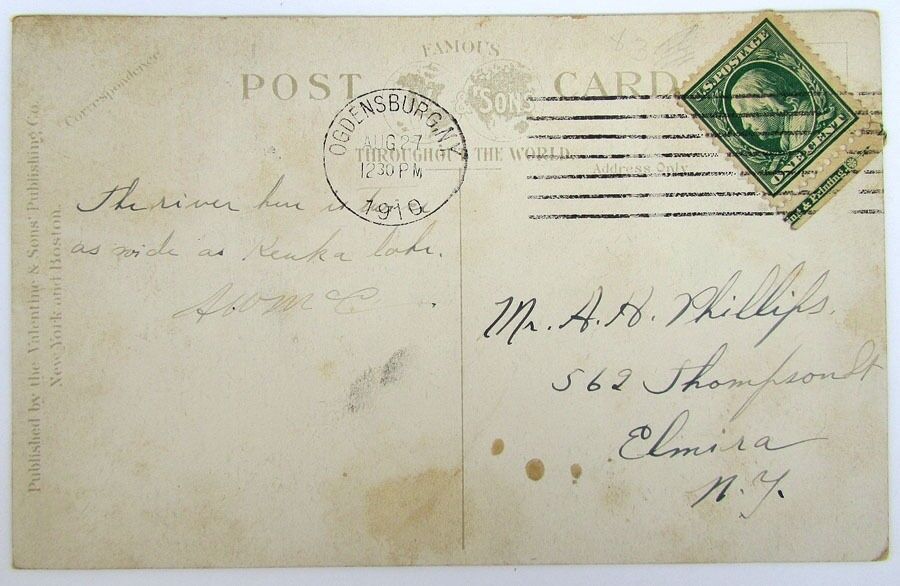 ANTIQUE 1910 POSTCARD - LIBRARY PARK & ST.LAWRENCE RIVER OGDENSBURG N.Y.