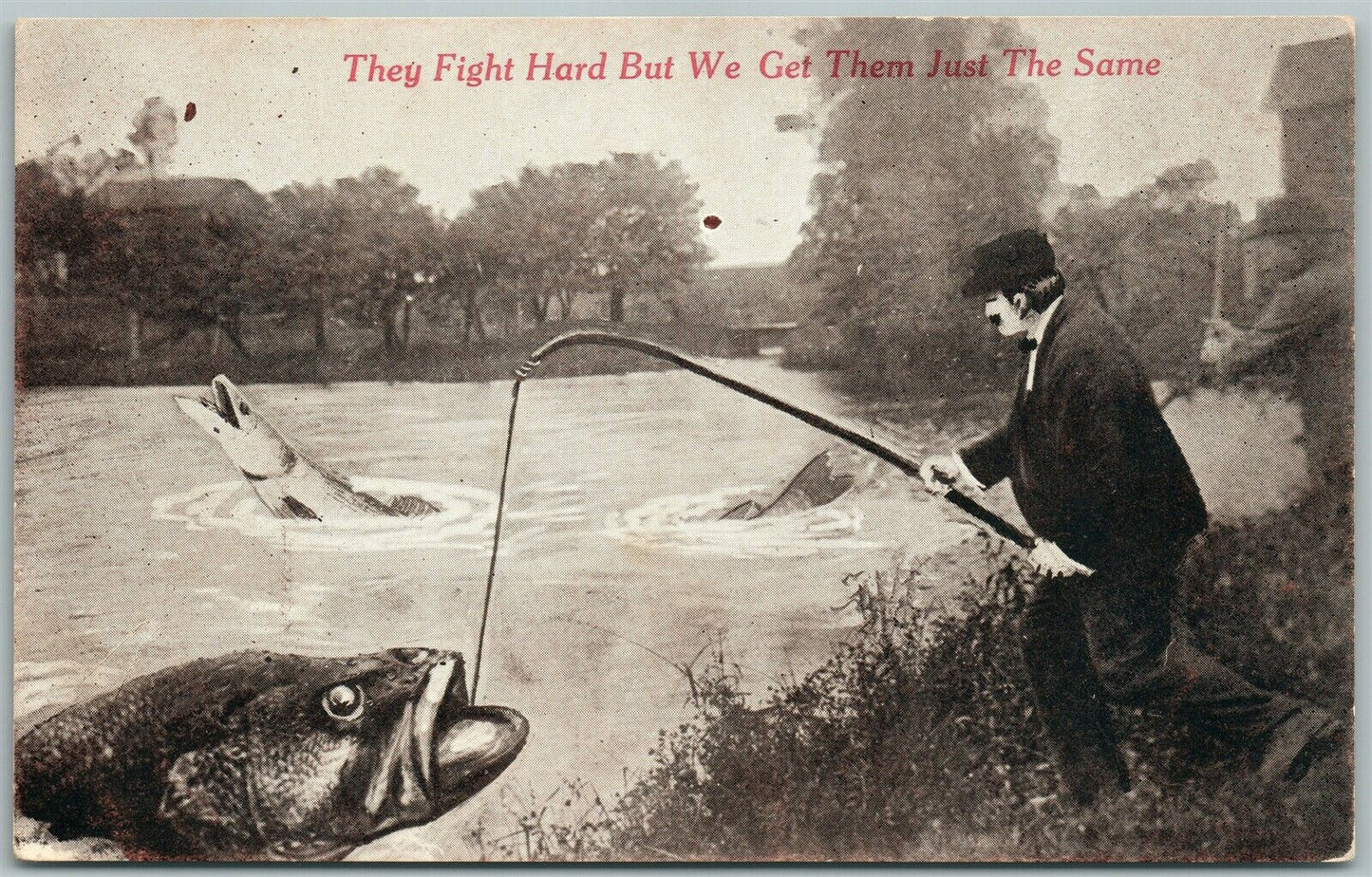 EXAGGERATED FISHING ANTIQUE POSTCARD THEY FIGHT HARD