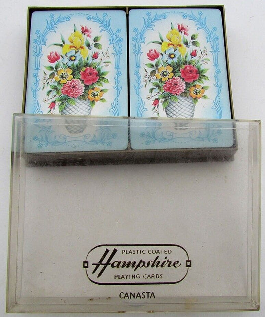 VINTAGE HAMPSHIRE CANASTA PLAYING CARDS DOUBLE DECK w/ PLASIC BOX w/ FLOWER BACK