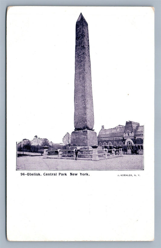 CENTRAL PARK NY OBELISK ANTIQUE POSTCARD by J.KOEHLER