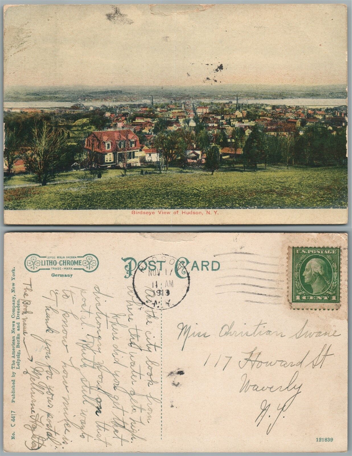 HUDSON N.Y. BIRD'S EYE VIEW 1913 ANTIQUE POSTCARD