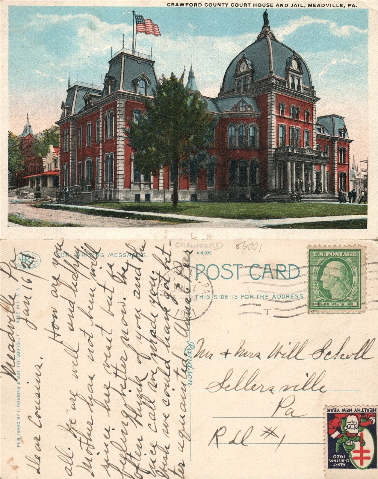 MEADVILLE PA CRAWFORD COUNTY COURT HOUSE & JAIL 1921 ANTIQUE POSTCARD