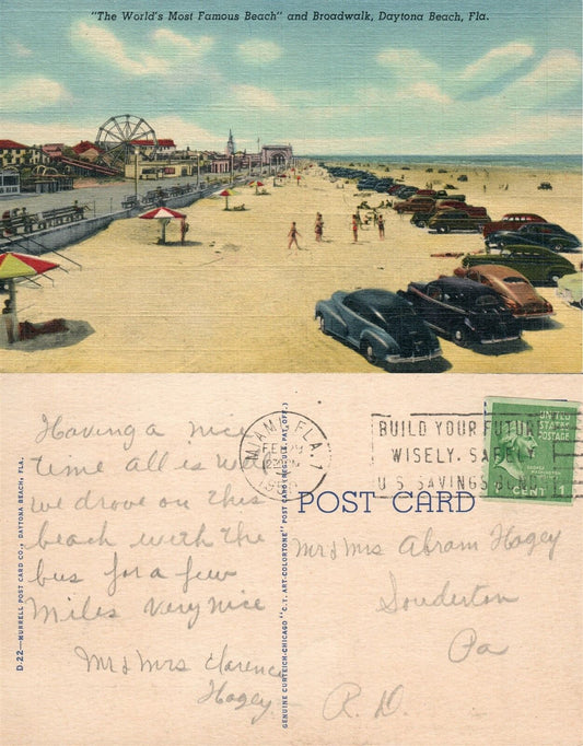 DAYTONA FL BEACH & BOARDWALK 1950 VINTAGE POSTCARD