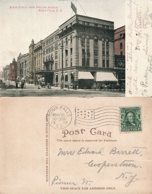 SIOUX FALLS S.D. NINTH STREET FROM PHILLIPS AVENUE 1908 ANTIQUE POSTCARD