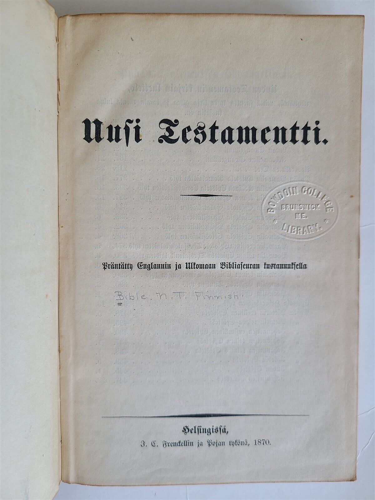 1870 BIBLE in FINNISH LANGUAGE antique NEW TESTAMENT