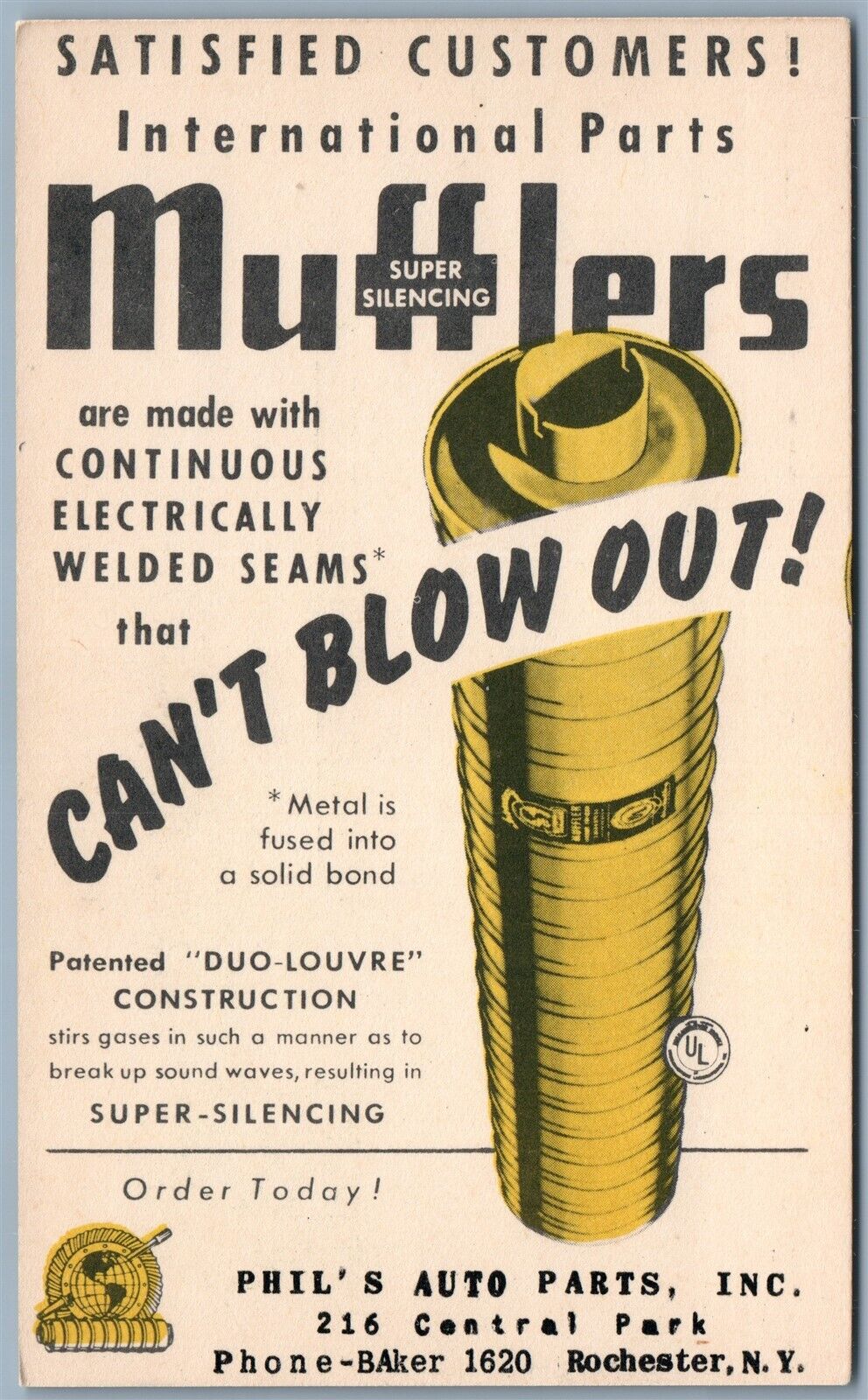 ROCHESTER NY PHIL'S AUTO PARTS MUFFLERS ADVERTISING ANTIQUE POSTCARD
