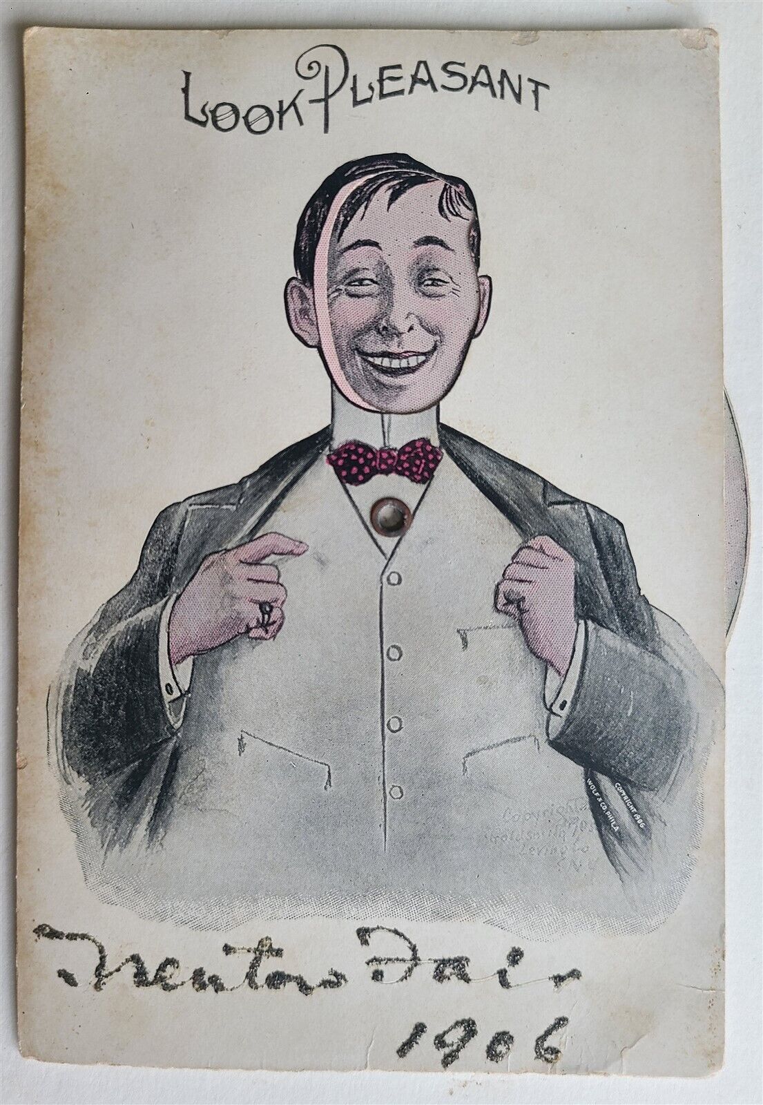 MAN w/ SPINNING CHANGING FACES ANTIQUE POSTCARD 1906