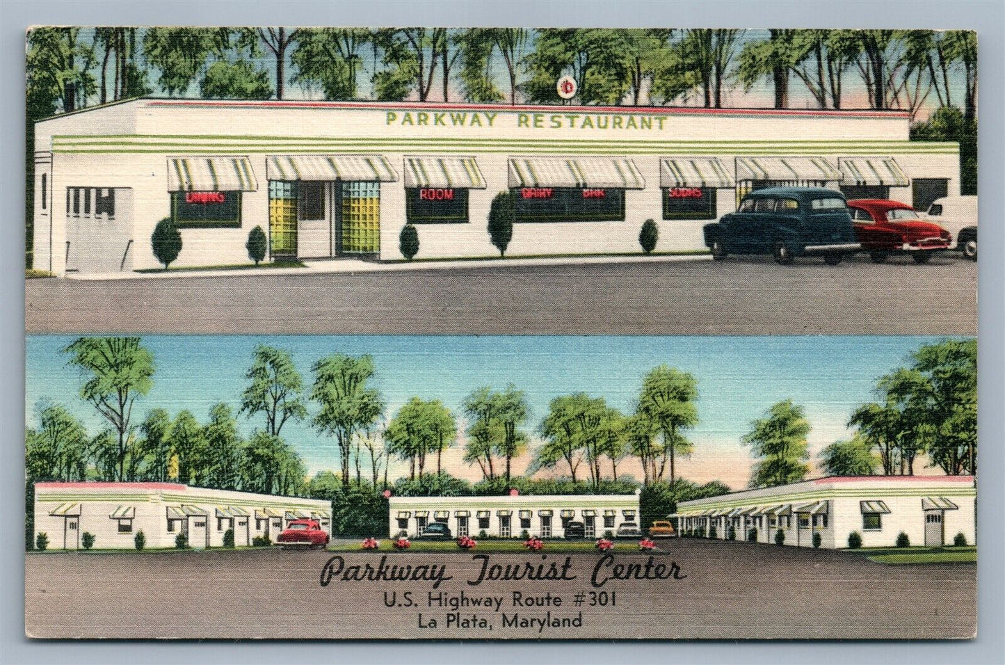 LA PLATA MD PARKWAY TOURIST CENTER ADVERTISING VINTAGE POSTCARD