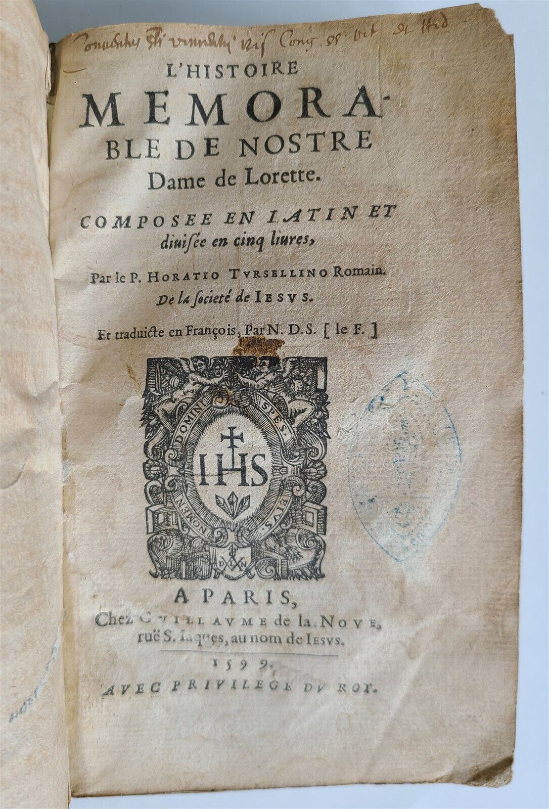 1599 L'HISTOIRE MEMORABLE DE NOSTRE DAME DE LORETTE antique VELLUM in French