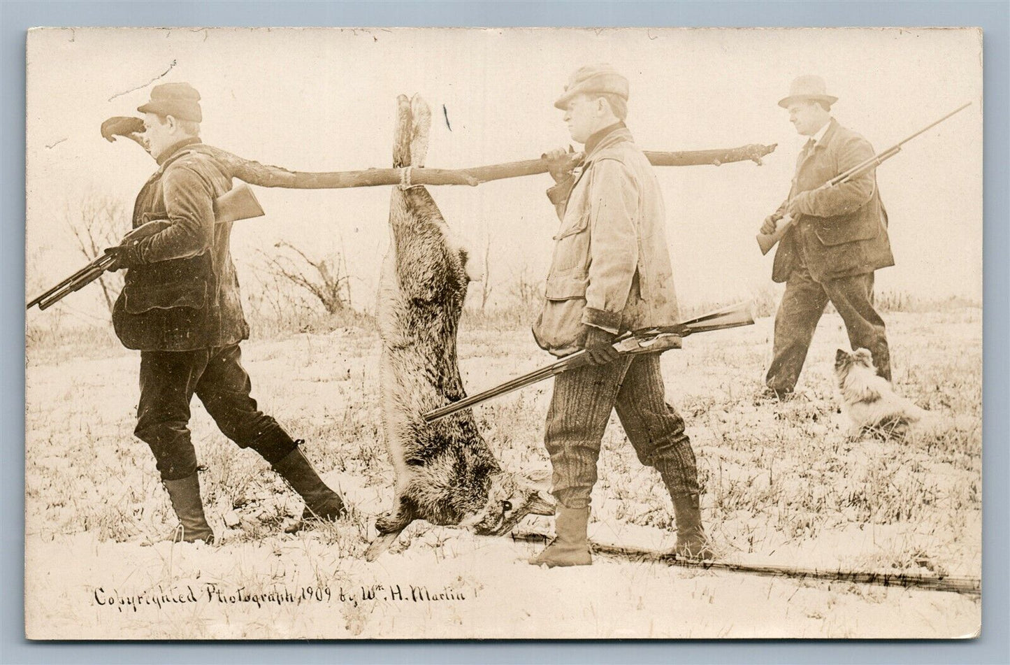 EXAGGERATED RABBIT HUNTING ANTIQUE REAL PHOTO POSTCARD RPPC