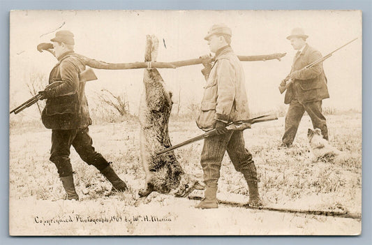 EXAGGERATED RABBIT HUNTING ANTIQUE REAL PHOTO POSTCARD RPPC