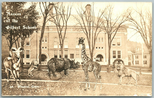 GILBERT SCHOOL WINSTED CT ANIMALS ANTIQUE REAL PHOTO POSTCARD RPPC PHOTOMONTAGE