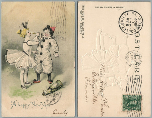 ANTIQUE HAPPY NEW YEAR 1906 EMBOSSED POSTCARD - KIDS DRINKING CHAMPAIN