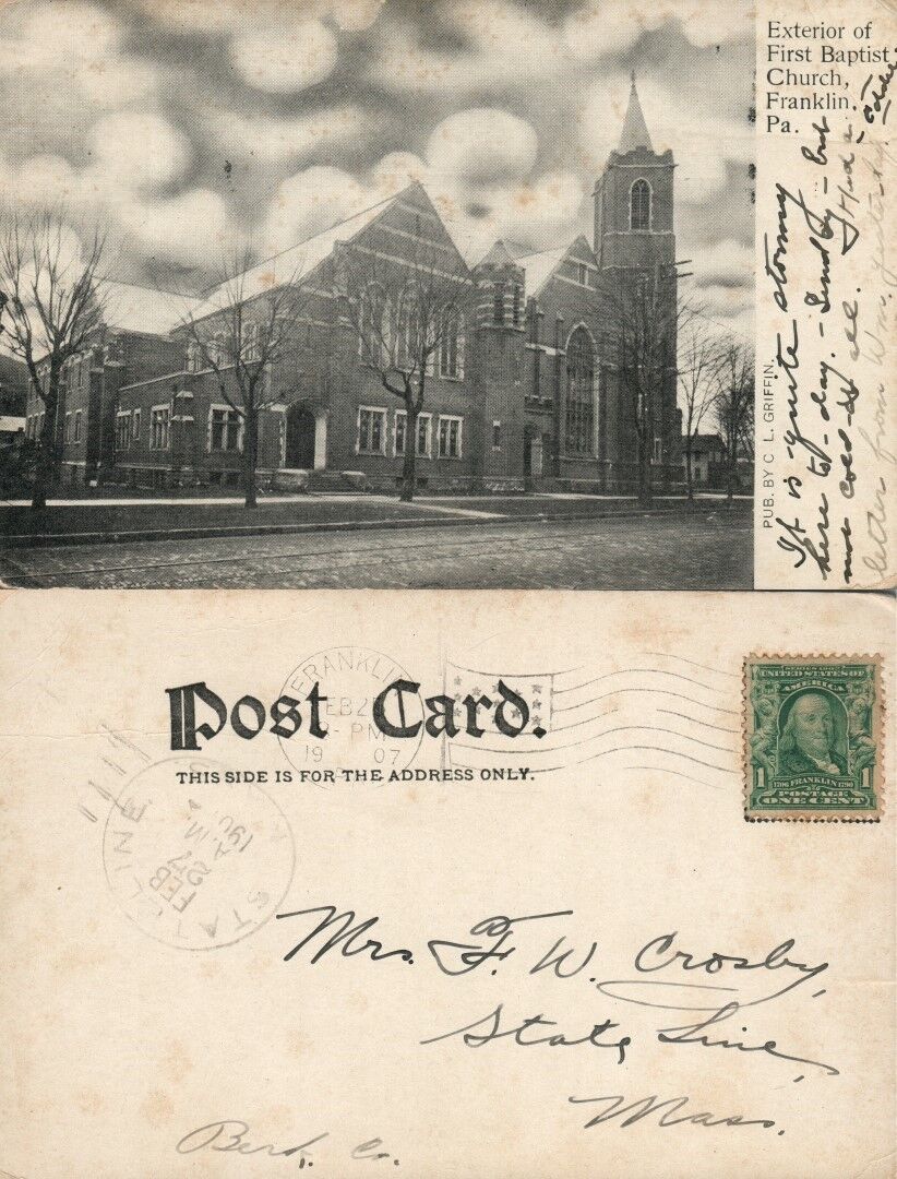 FRANKLIN PA EXTERIOR OF FIRST BAPTIST CHURCH 1907 UNDIVIDED ANTIQUE POSTCARD