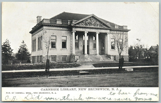 NEW BRUNSWICK NJ CARNEGIE LIBRARY 1907 UNDIVIDED ANTIQUE POSTCARD w/ CORK CANCEL