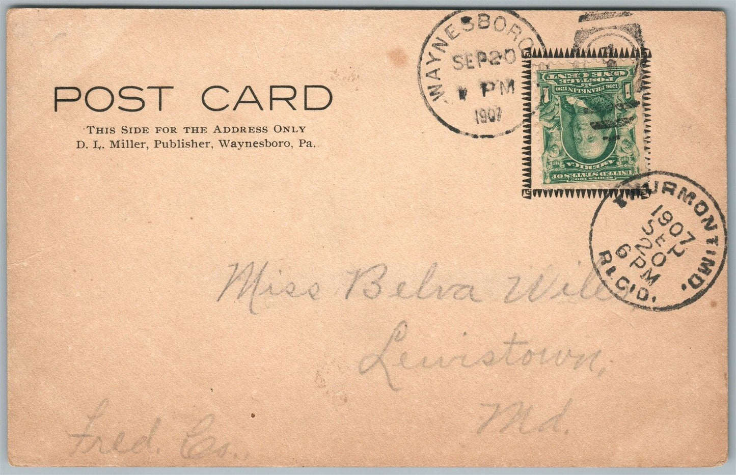 WAYNESBORO PA SOUTH BROAD STREET 1907 UNDIVIDED ANTIQUE POSTCARD