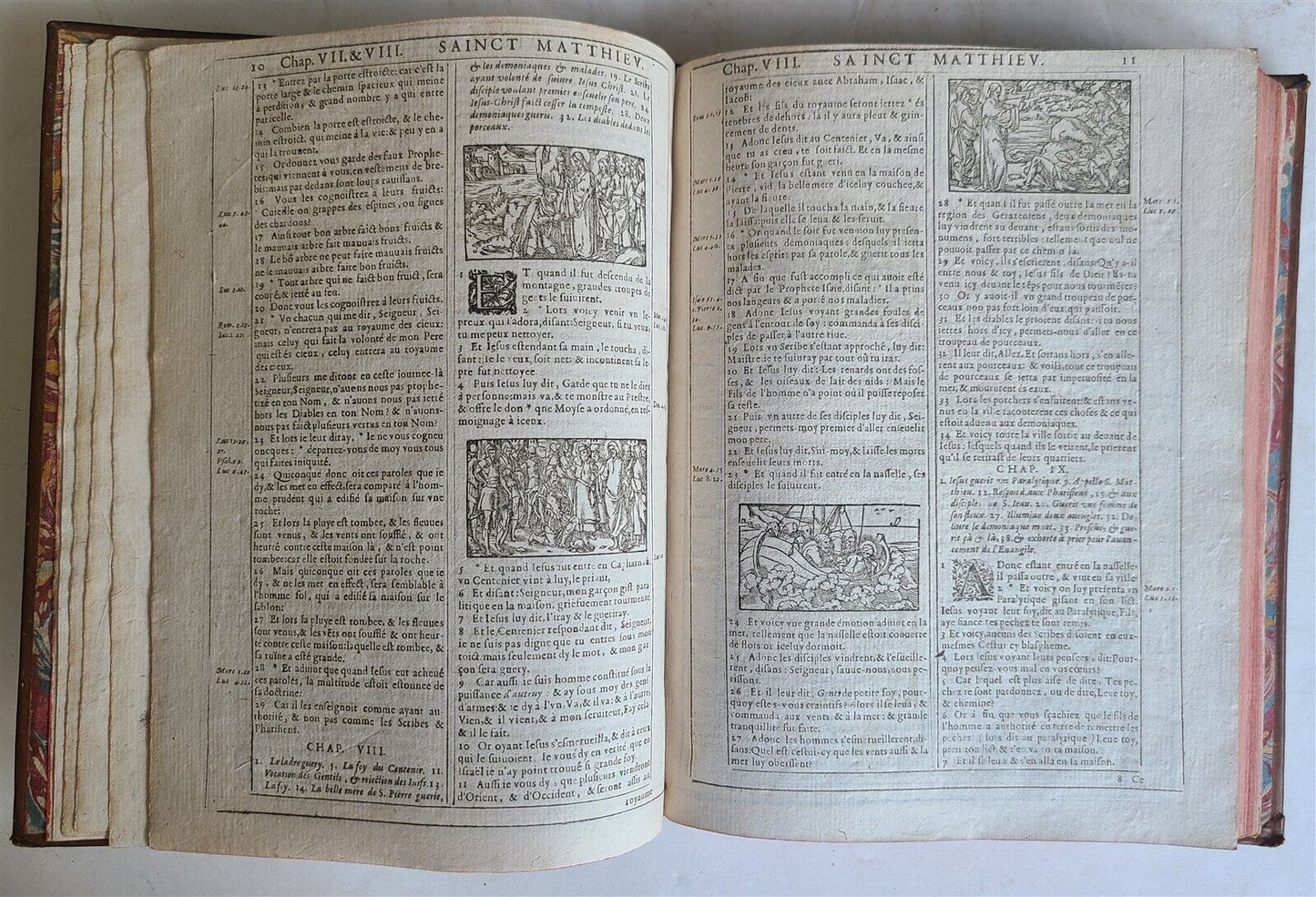 1620 BIBLE in FRENCH ANTIQUE ILLUSTRATED w/ 215 WOODCUTS !