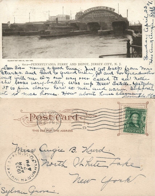 JERSEY CITY N.J. PENNSYLVANIA FERRY & RAILROAD DEPOT 1906 ANTIQUE POSTCARD