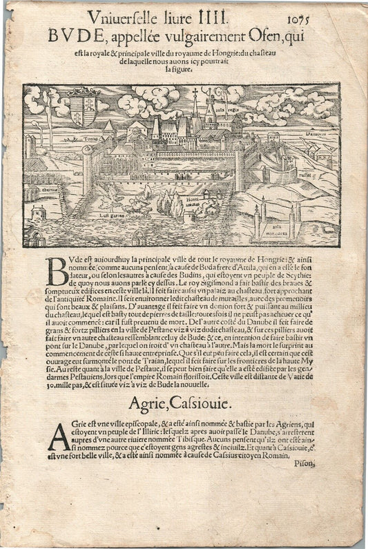 1575 BUDAPEST HUNGARY VIEW LEAF from BELLEFOREST EDITION of MUNSTER COSMOGRAPHY