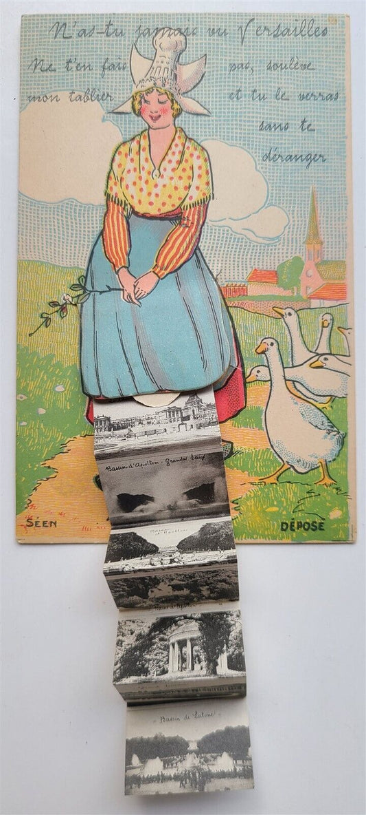 FRENCH ANTIQUE COMIC POSTCARD w/FOLDING VERSAILLES MINIATURE VIEWS PEASANT GIRL