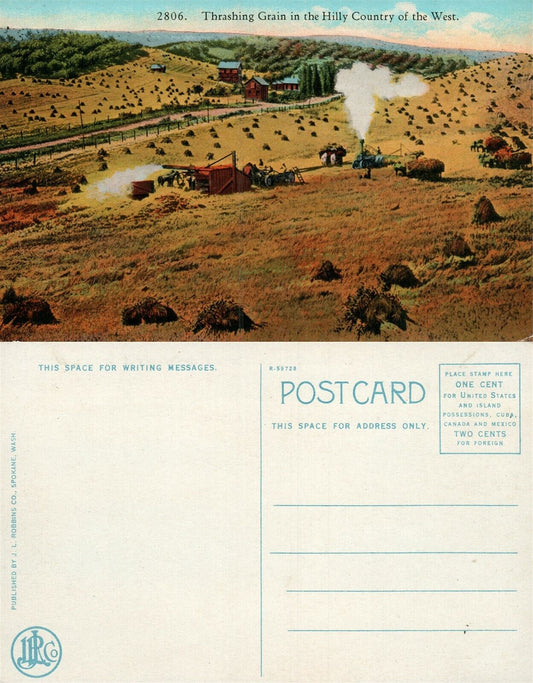 TRASHING GRAIN IN THE HILLY COUNTRY OF THE WEST FARM SCENE ANTIQUE POSTCARD