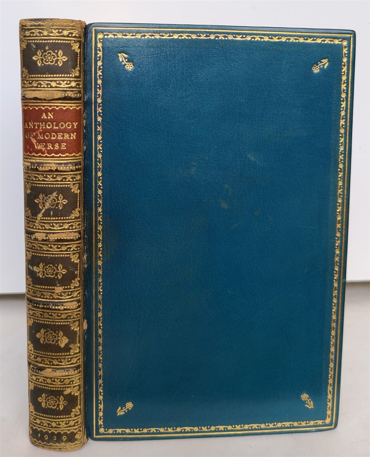1928 AN ANTHOLOGY of MODERN VERSE antique SIGNED DECORATIVE MOROCCO BINDING